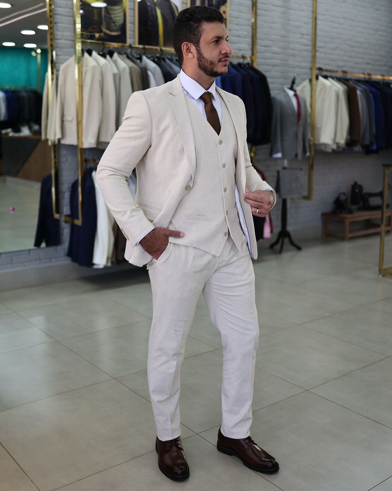 Terno Cerimonial Linho Viscose Elastano Off-White