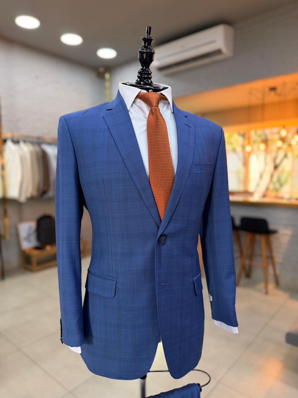 Terno Lã Fria Super 120 Azul Xadrez