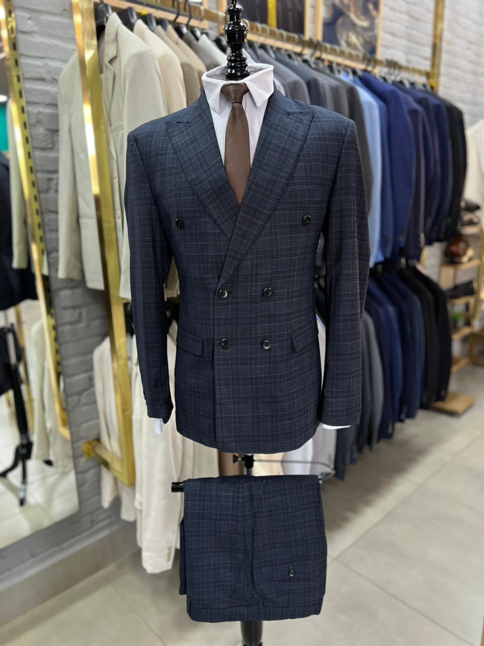 Terno Poliviscose Premium Transpassado Azul Escuro Xadrez